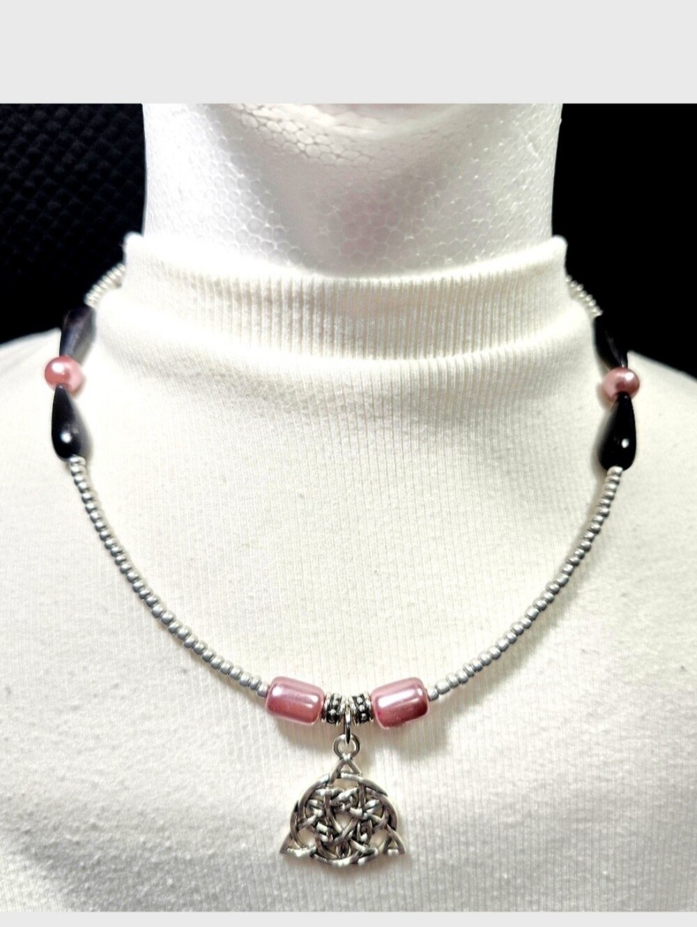 Bohemian Gothic Celtic Necklace & Earrings Set |Pink, Black , Silver Beads